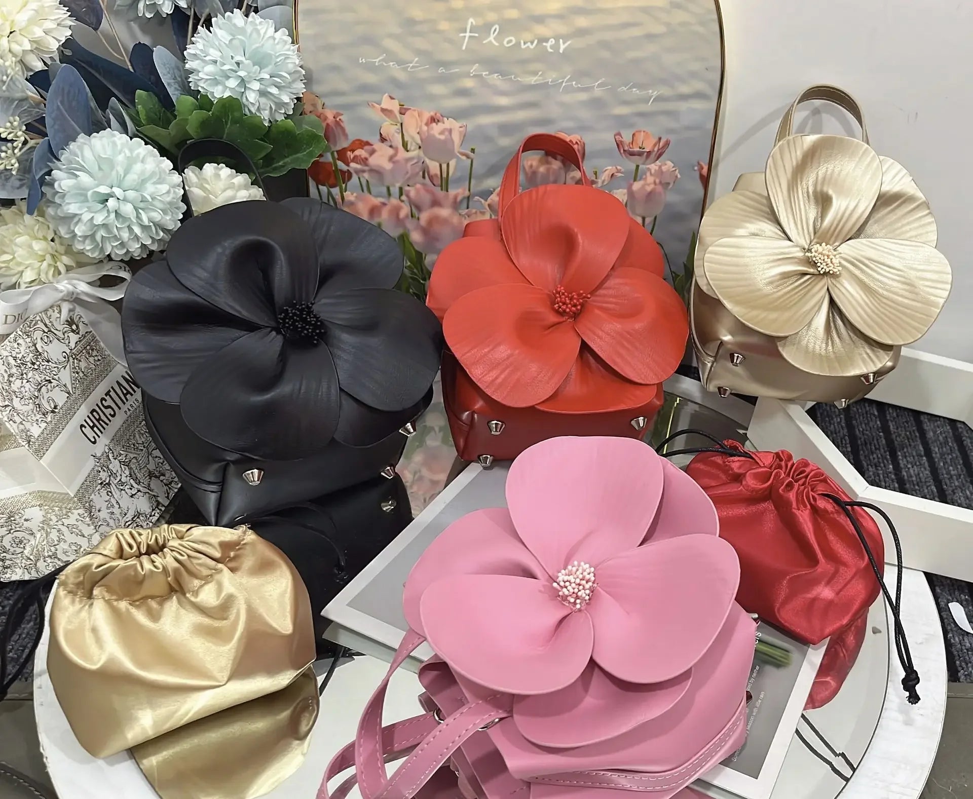 3D Floral Soft PU Leather Women Small Bucket Handbag Wedding Purse Dress Party Evening Bridal Clutch Bag