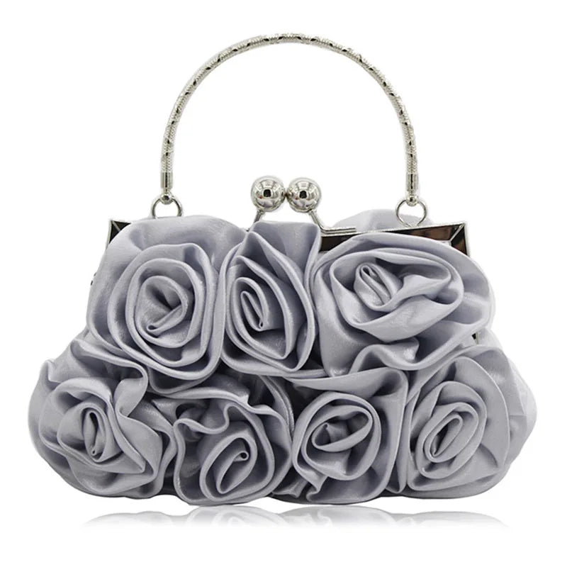 Women Clutches Rose Flower Solid Color Handbag Casual Party Wedding Evening Bag Luxury Bridal Purse Silver Minaudiere Bag