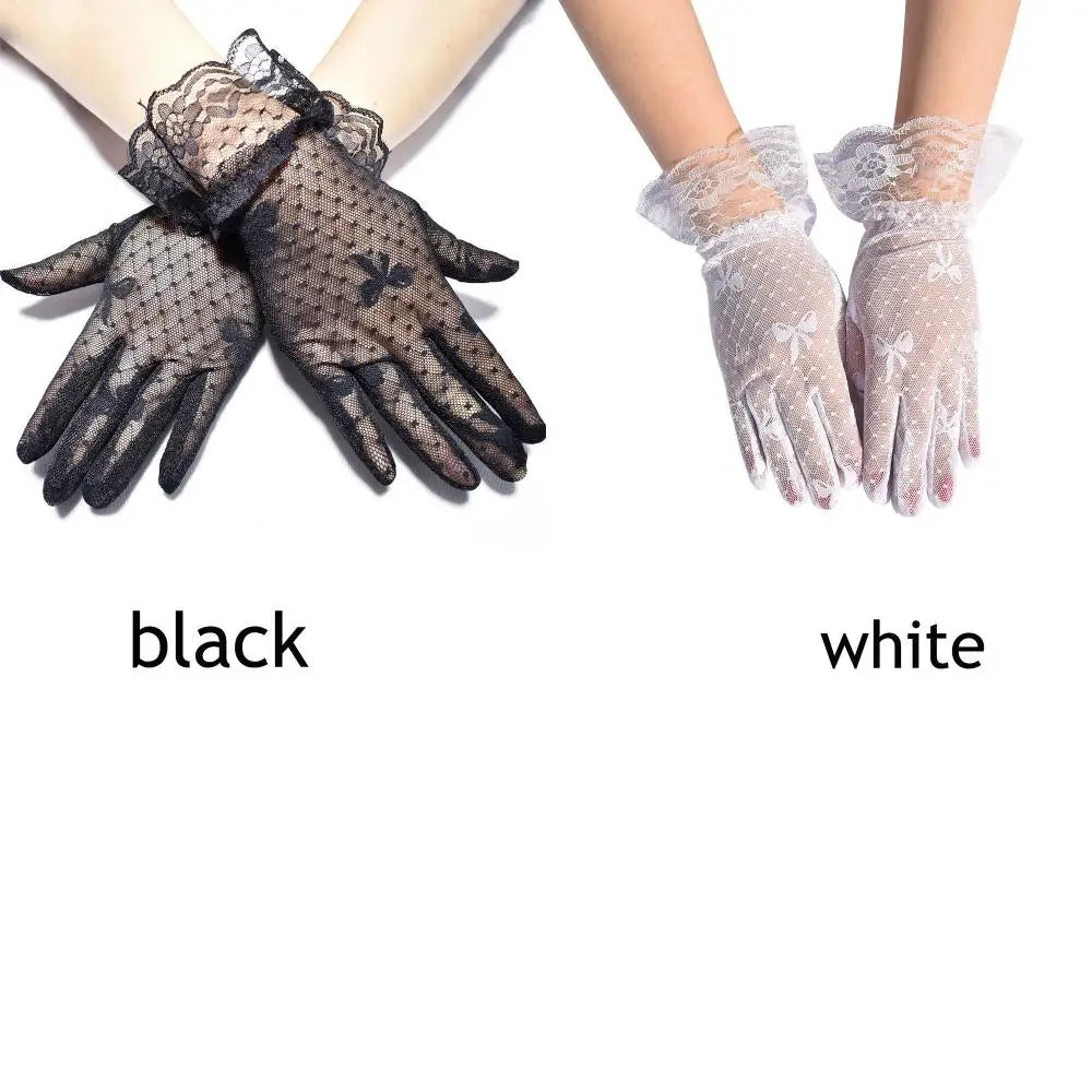 Sexy Dress Party Lace Glove Summer Sunscreen Mittens Women Mesh Bow Lace Gloves Paragraph Wedding Bride Gloves Full Finger Girls