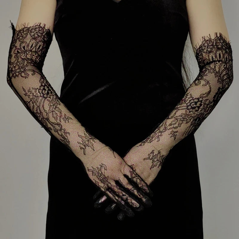 Fairy Long Black Lace Gloves Sexy Mesh Hollow Out Bridal Glove Thin Sunscreen Elbow Gloves Wedding Dress Photography Accessories