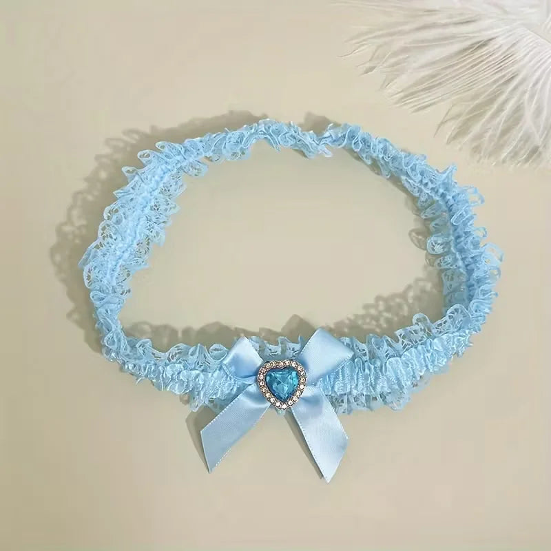 Elegant Blue Lace Wedding Garter With Bow And Rhinestone Heart Decoration – Bridal Leg Accessory For Wedding Season