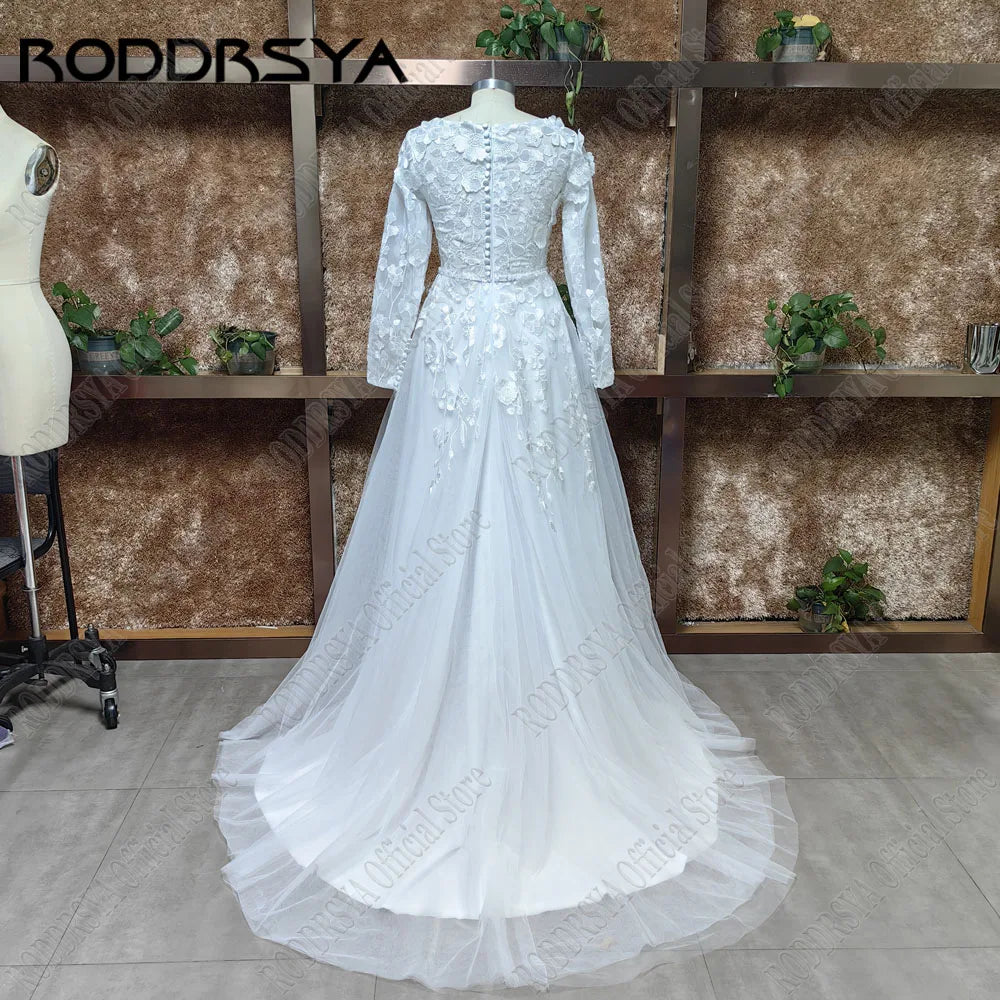 RODDRSYA Muslim Wedding Dresses 2025 Bride Long Sleeves Flowers A-Line Lace Bride Gowns Applique robe mariée boheme Customized