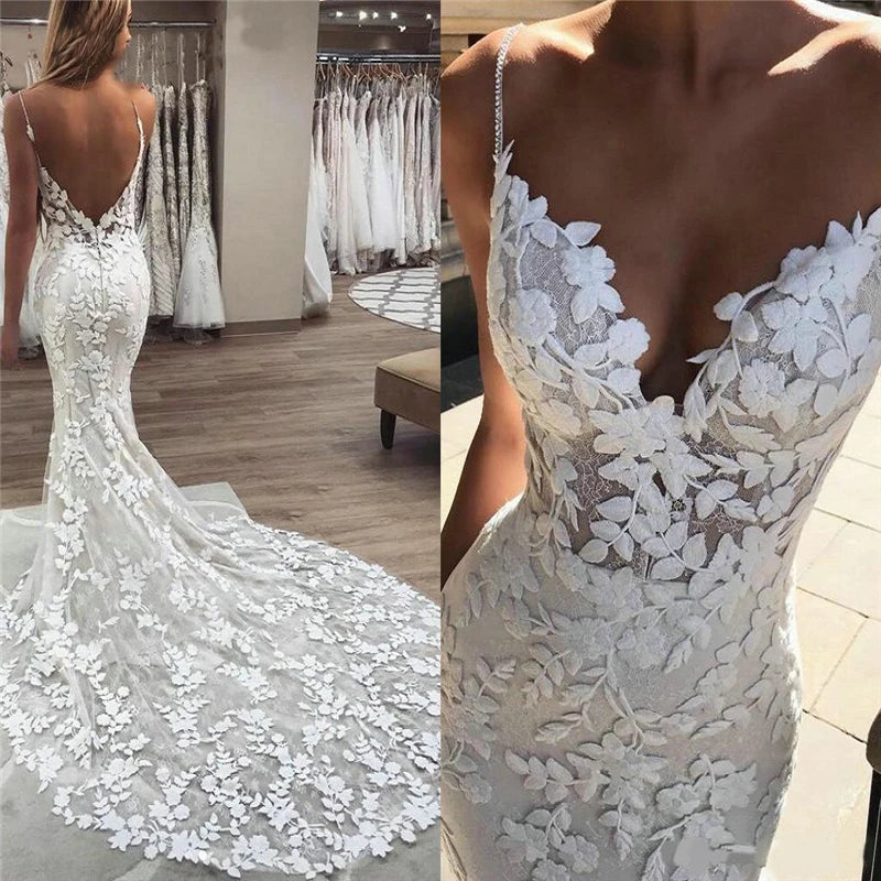 Boho Lace Backless Mermaid Wedding Dress