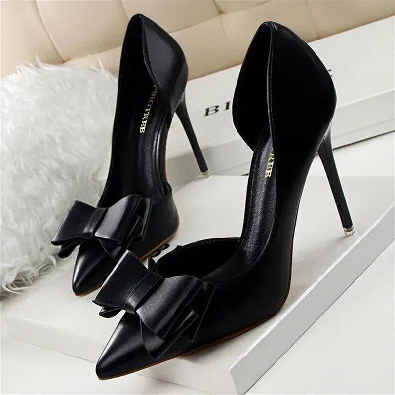 Spring Party Elegant Pink Butterfly-Knot High Heels Women Fashion Wedding Dress Pumps Side Hollowed Stiletto Shoes