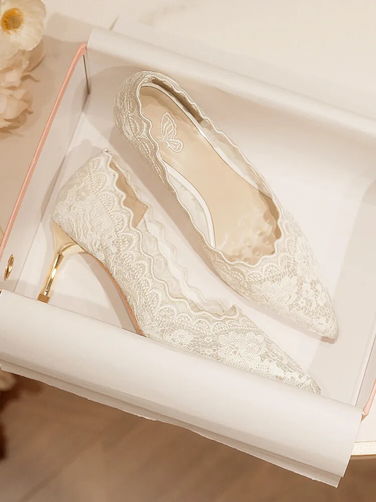 Embroidered Bridal Shoes Wedding Shoes Retro French Sandals 6.5cm High Heels Single Shoes Thin Heels Banquet Pointed Pumps 34-39