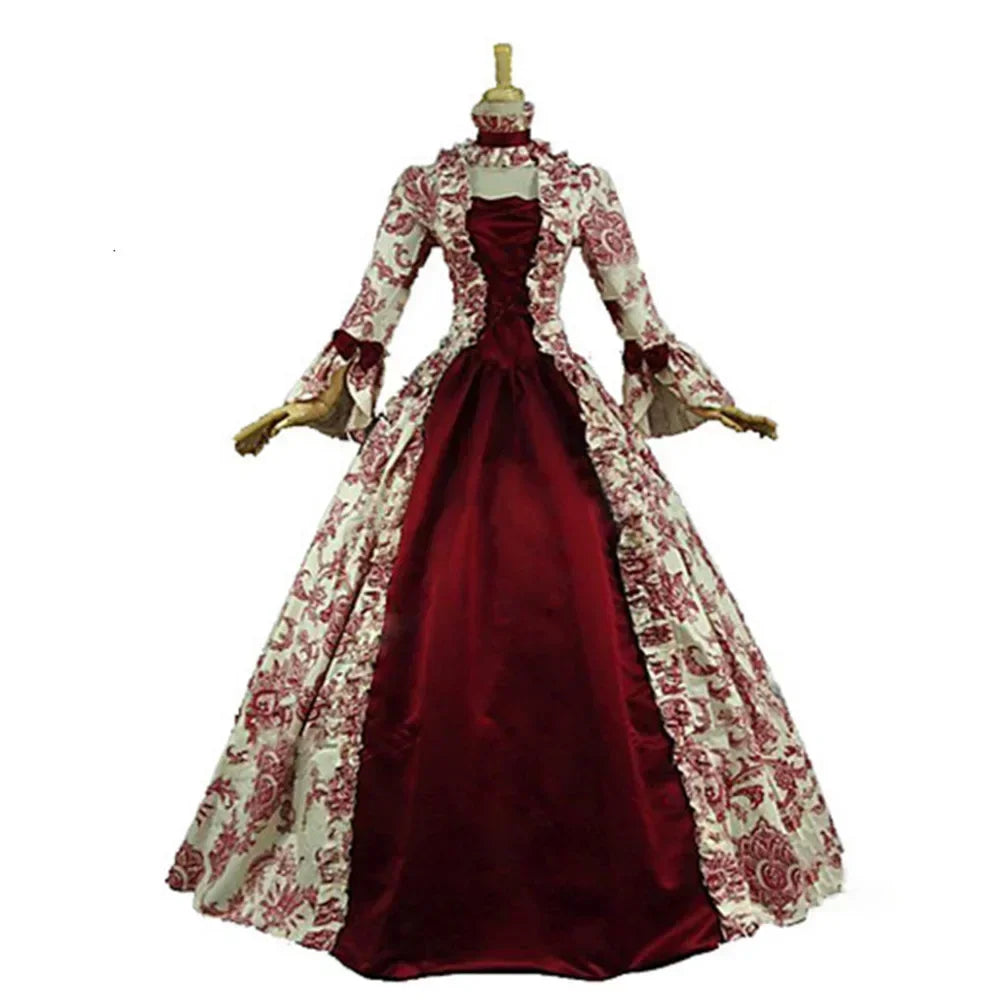 Marie Antoinette DressVintage Long Women Lace-Up Medieval Ruffles Bow Vintage Victorian Carnival Maxi Dress Patchwork Floral Fem
