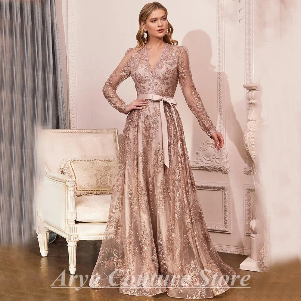 Elegant Rose Gold Mother of the Bride Dresses Bow Belt V-Neck Illusion Long Sleeve A-Line and Floor Length Banquet Mom Gowns