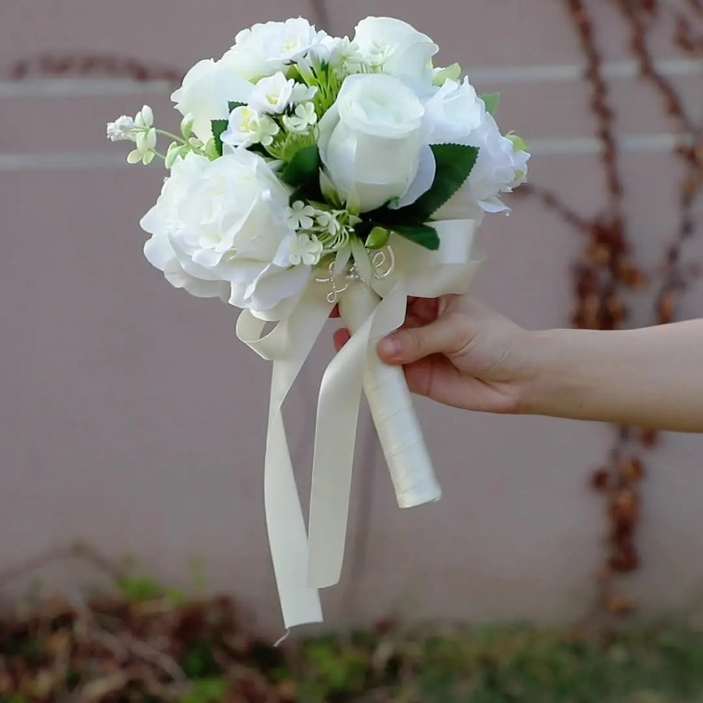 Yannew White Wedding Bouquets for Bride Bridesmaid Artificial Rose Peony Bridal Bouquet for Rustic Wedding Ceremony Decoration