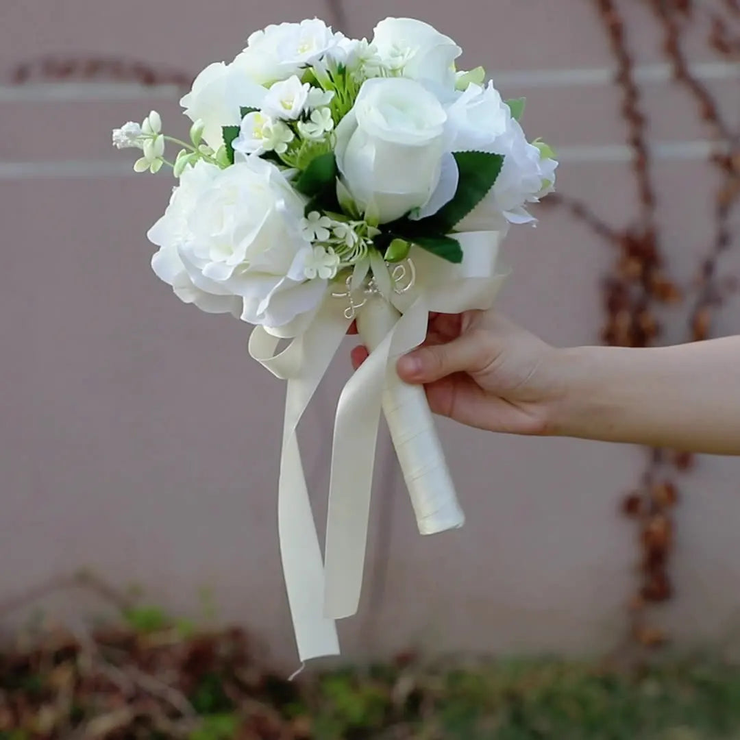 Yannew White Wedding Bouquets for Bride Bridesmaid Artificial Rose Peony Bridal Bouquet for Rustic Wedding Ceremony Decoration