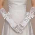 Bridal Satin Wedding Gloves with Medium Length Hollow Bow, Wedding Dress Etiquette and Photography Gloves