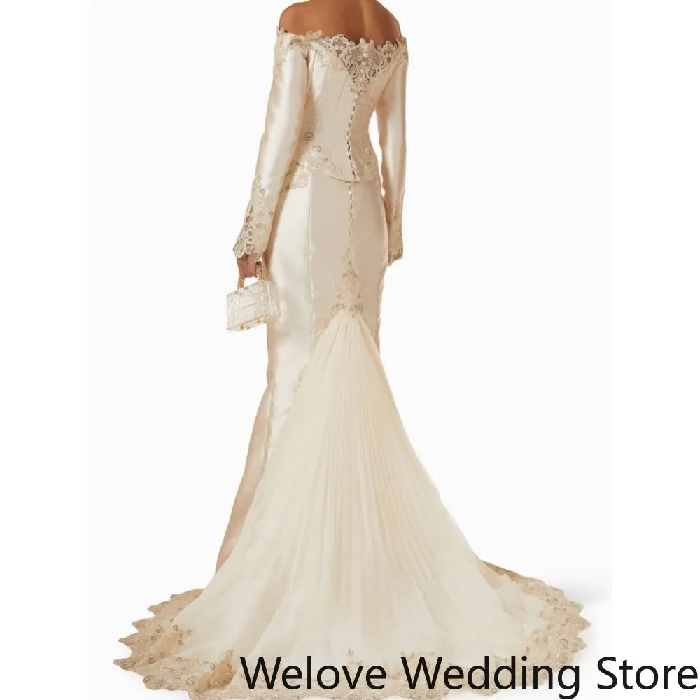 Ivory Victorian‑Style Bridal Wedding Gown with Off‑Shoulder Neckline, Long Sleeves, Structured Corset Bodice with Front Bow