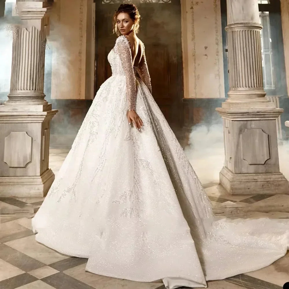 Flavinke Customized Square Neck Wedding Dresses Lace Beading Sequins Princess Ball Gown Bridal Robe De Mariee vestidos de novia