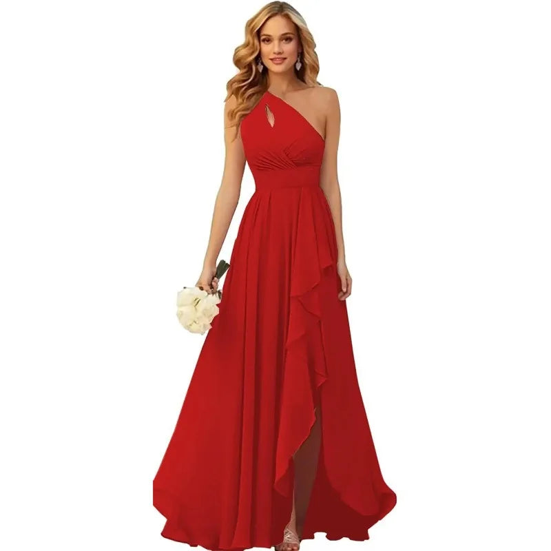 A Line Chiffon Bridesmaid Dresses One Shouder Slit Pleat Elegant Wedding Party Formal Prom Evening Lace Up Back