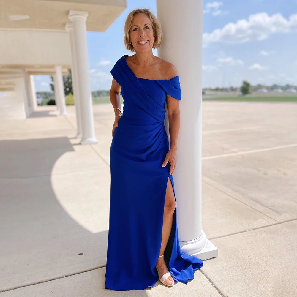 Mother of the Bride/Groom Dresses Dark Royal Blue Side Slit Wedding Guest Gown for Woman One Shoulder Mermaid Evening Dress Long