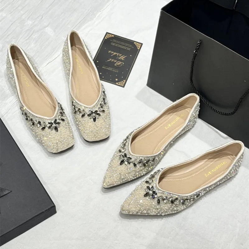 Luxury String Bead Rhinestone Brand Flat Shoes Women Comfort Square Toe Shallow Design Shoes Fashion Elegant Wedding Bridal Shoe