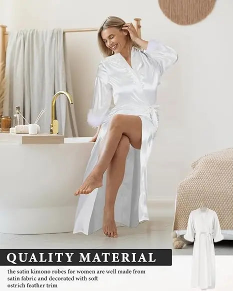 Long Satin Feather Trim Bridal Robe