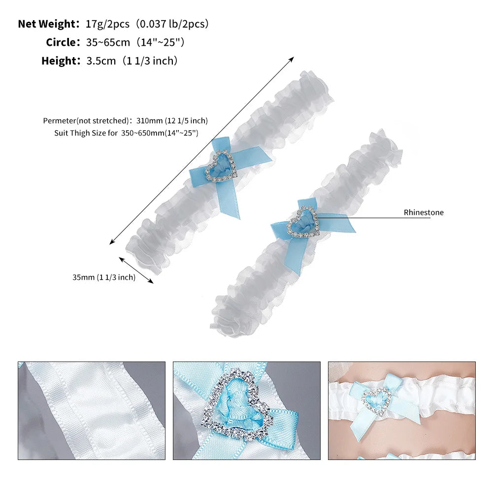 Blue Bow Wedding Garter 2pcs/set Bride Dress Accessories for Women Party Rhinestone Lace Bowknot Bridal Leg Garter Gift