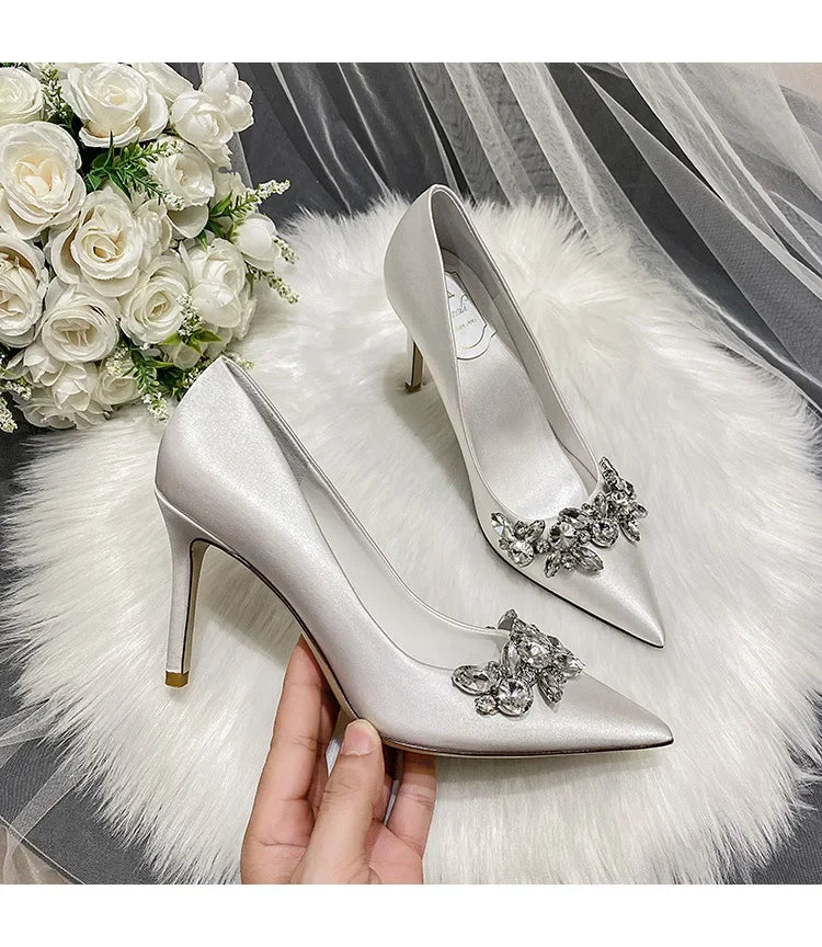 New White Champagne Women Bridal Wedding Shoes Faux Silk Satin Rhinestone Crystal Shallow Pumps Stiletto High Heel