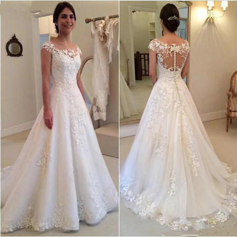 Vintage Lace Cap Sleeve A-Line Wedding Dress