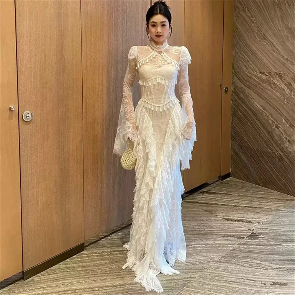 Tokyo Vintage Lace Bell Sleeve Wedding Dress High Neck Mermaid Bridal Gown Elegant Fringe Tassel Formal Evening Reception Gowns