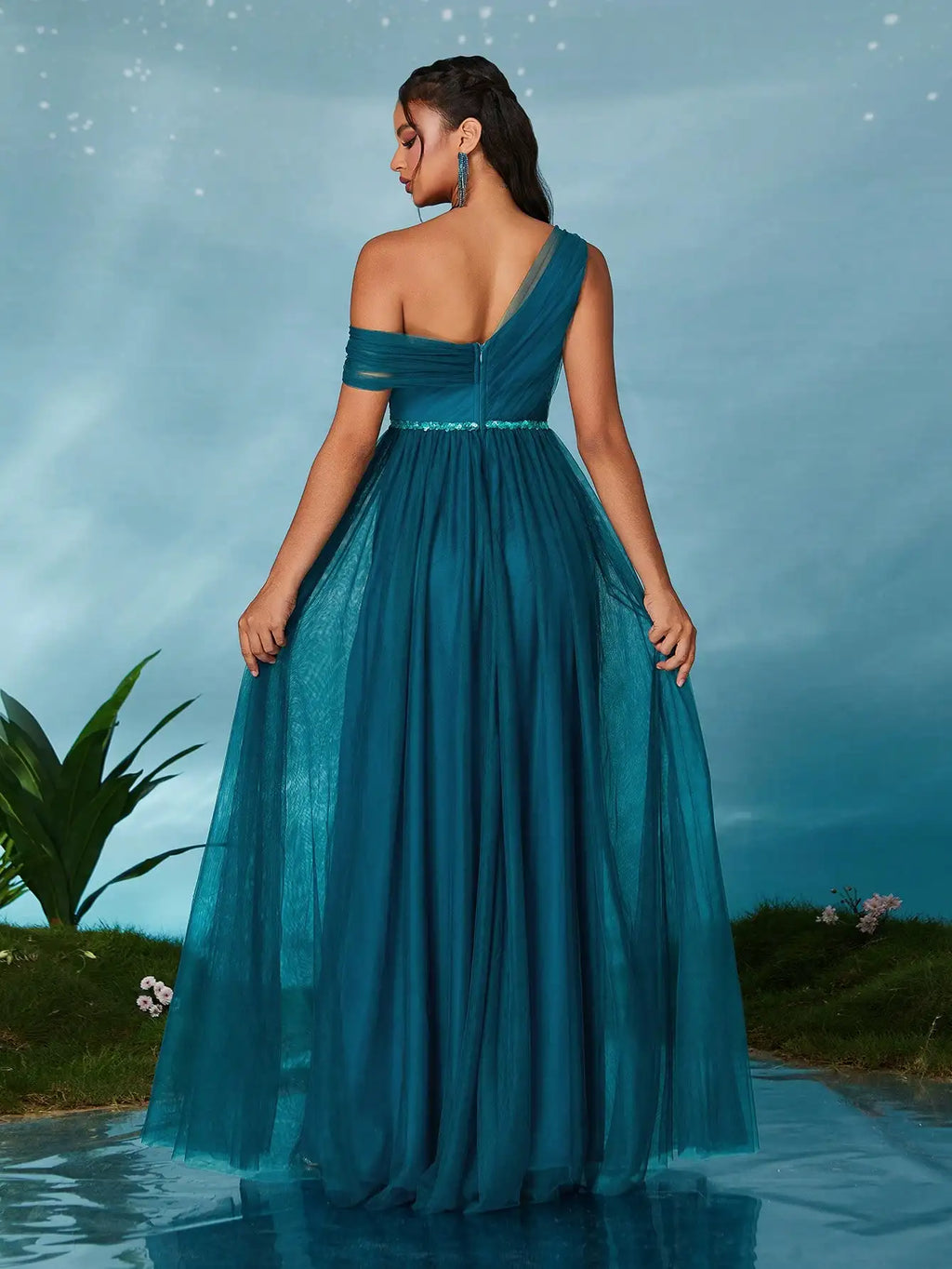 Royal Blue One Shoulder Sequin Sash Bridesmaid Dress