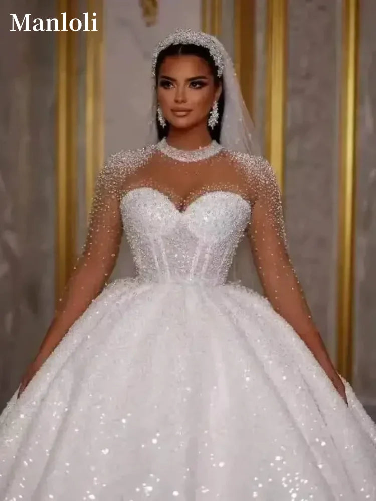 Sparkling African Wedding Dress Luxurious A-line Bridal Ball Dress Beads sequins Long Sleeves Dubai Bridal Dress Customization