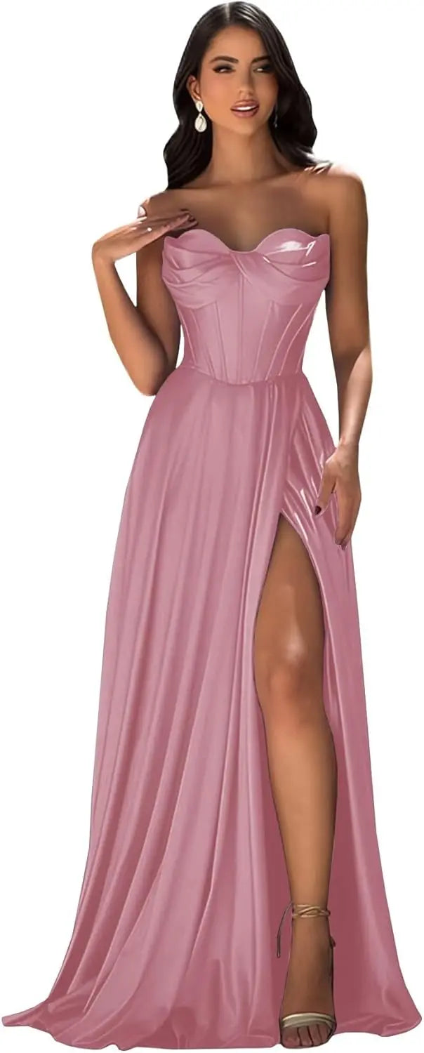 Chicbridal Women's Strapless Prom Dress Satin A-Line Long Ball Gown Sweetheart Corset Formal Dress with Pockets And Side Slit