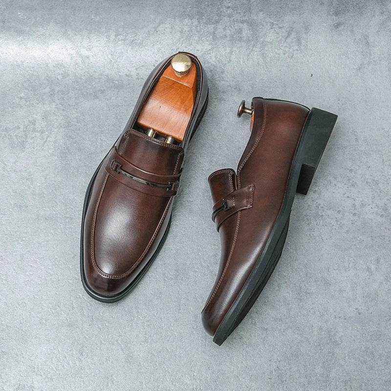 Men's Formal Leather Shoes Classic Style Slip On Loafers Round Toe Breathable Non-Slip Business Dress Wedding Office Casual Shos