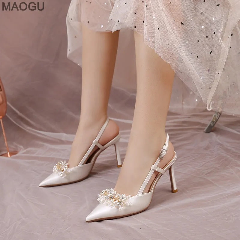 Pearl Rhinestone Pointed Toe Stiletto Heel Sandals Satin Bridal Wedding Shoes Elegant Evening Party Women's Shoes White Heels