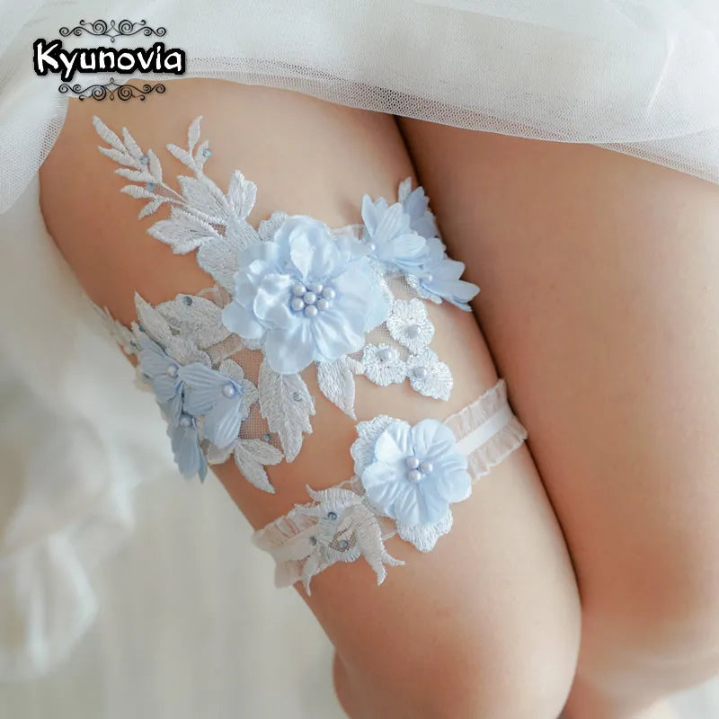 Kyunovia Sexy Lace Wedding Garter Bead Embroidery Flower Sexy Garters for Women Bride Thigh Ring Bridal Leg Garter 2pcs/Set KG21