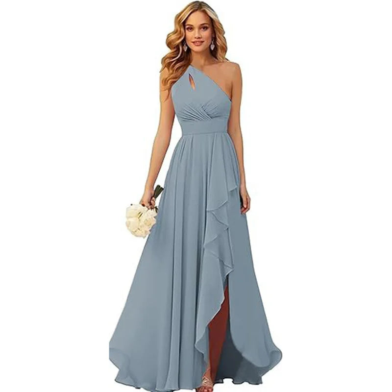 A Line Chiffon Bridesmaid Dresses One Shouder Slit Pleat Elegant Wedding Party Formal Prom Evening Lace Up Back