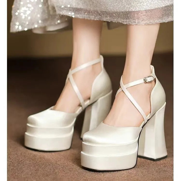White Satin Wedding Shoes Platform Super High Heels New Small Block Heel Single Shoes