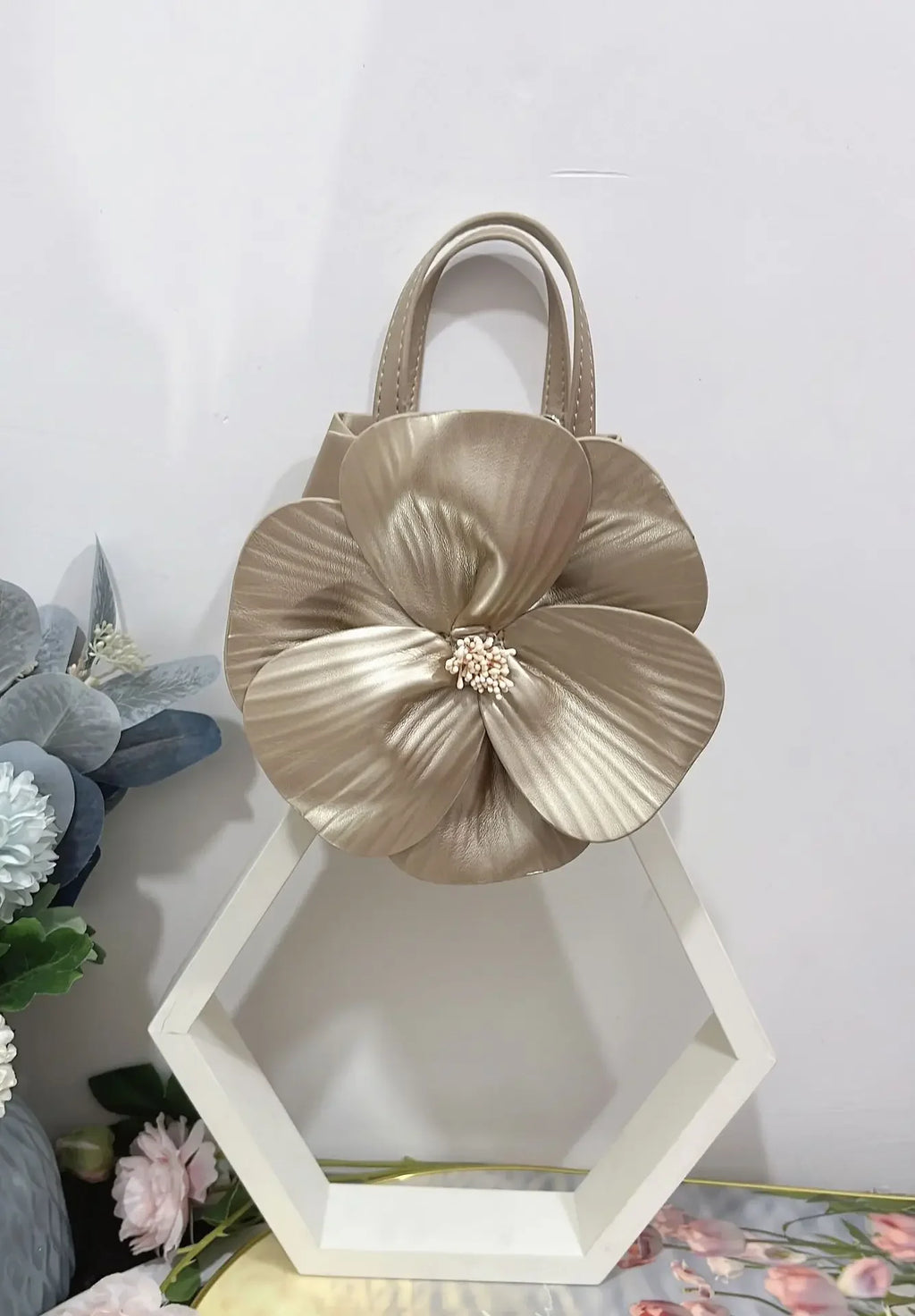 3D Floral Soft PU Leather Women Small Bucket Handbag Wedding Purse Dress Party Evening Bridal Clutch Bag