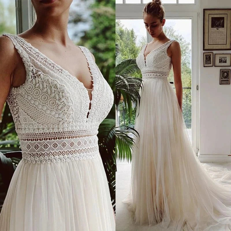 Customized Bohemian Wedding Dresses V Neck Appliques Lace Tulle Ivory Elegant Prom Gowns A-Line Bride Boho Vestidos De Novia