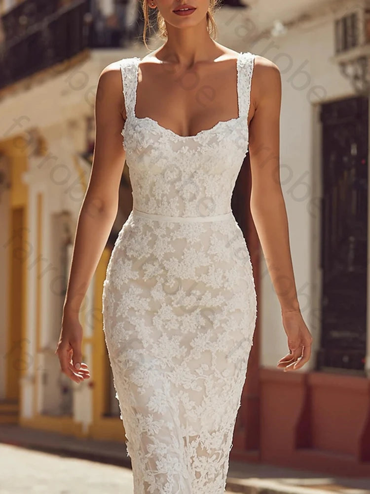 Ivory Lace Applique Midi Wedding Dress