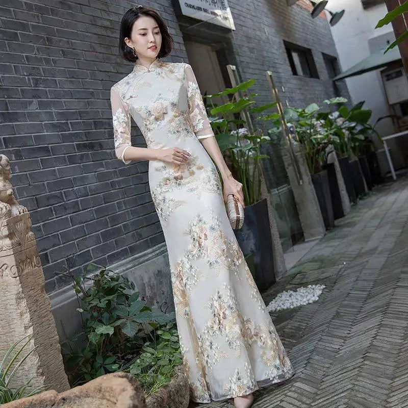 Floral Embroidered Satin Cheongsam Gown