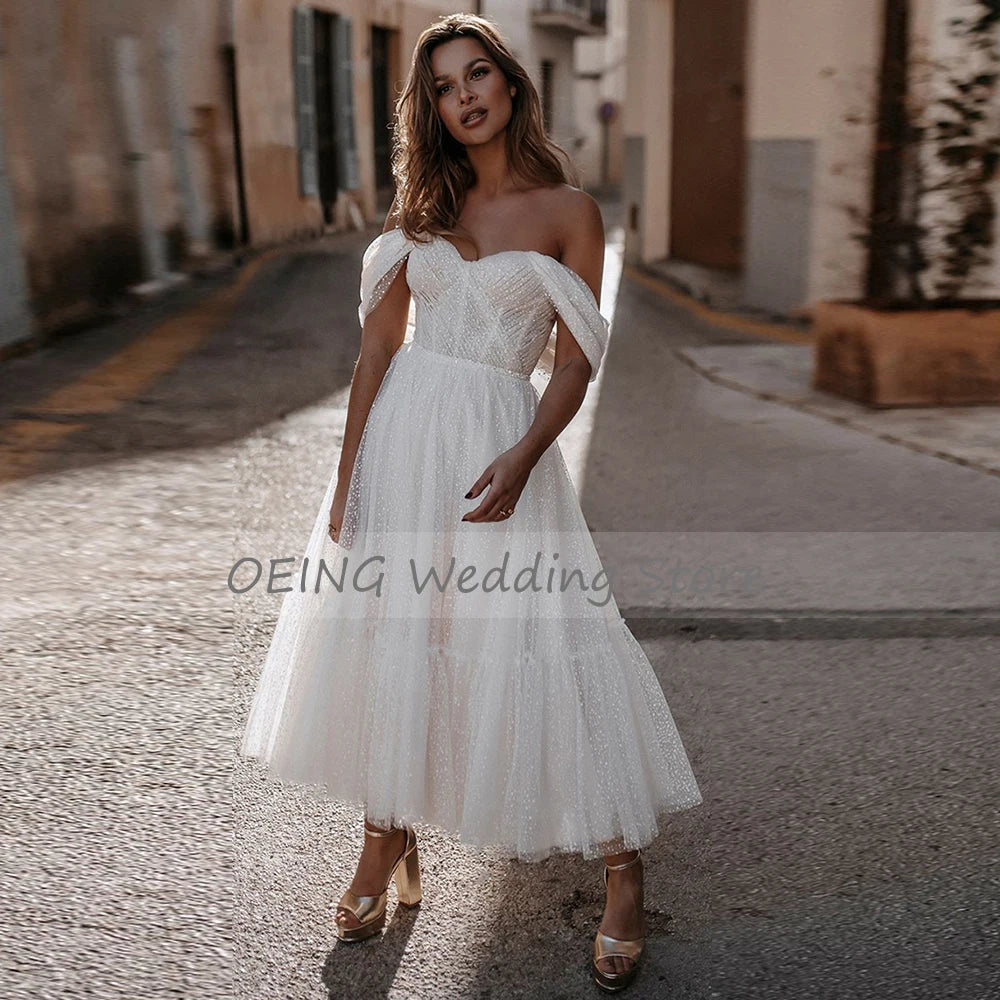Short Boho Off-Shoulder Tea Length Wedding Dress
