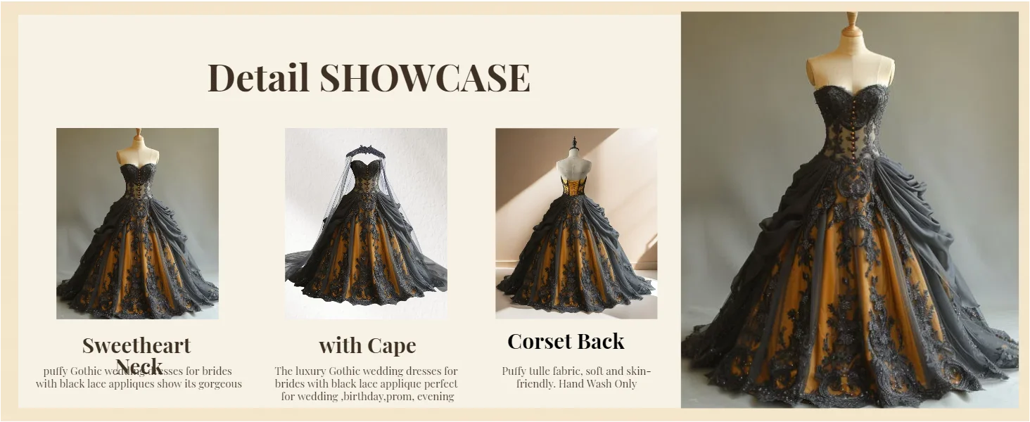 Gothic Weeding Dresses for Brides Black Lace Applique Bridal Dresses Embroidery Tiered Tulle Wedding Gowns with Cape