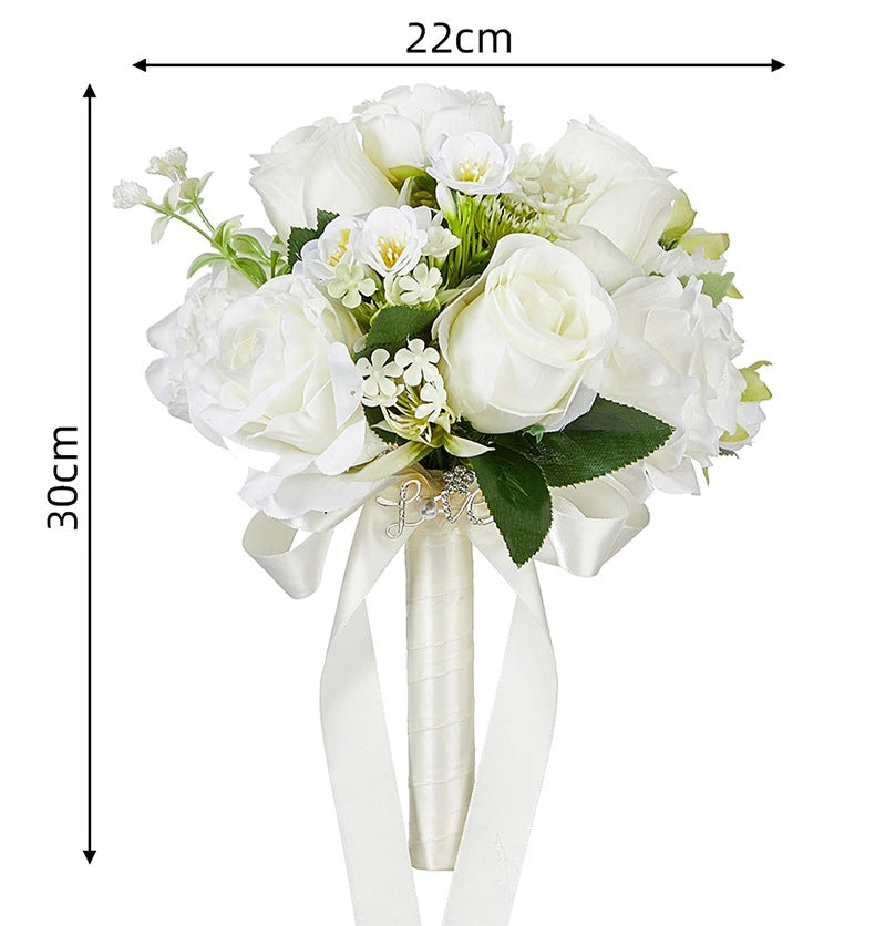 Yannew White Wedding Bouquets for Bride Bridesmaid Artificial Rose Peony Bridal Bouquet for Rustic Wedding Ceremony Decoration