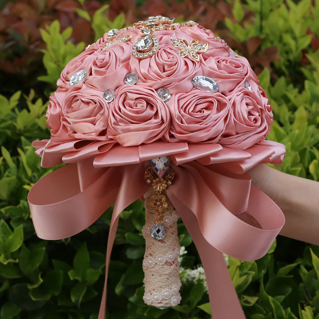 Pink Bridal Wedding Bouquet Artificial Silk Rose Flower Bouquet