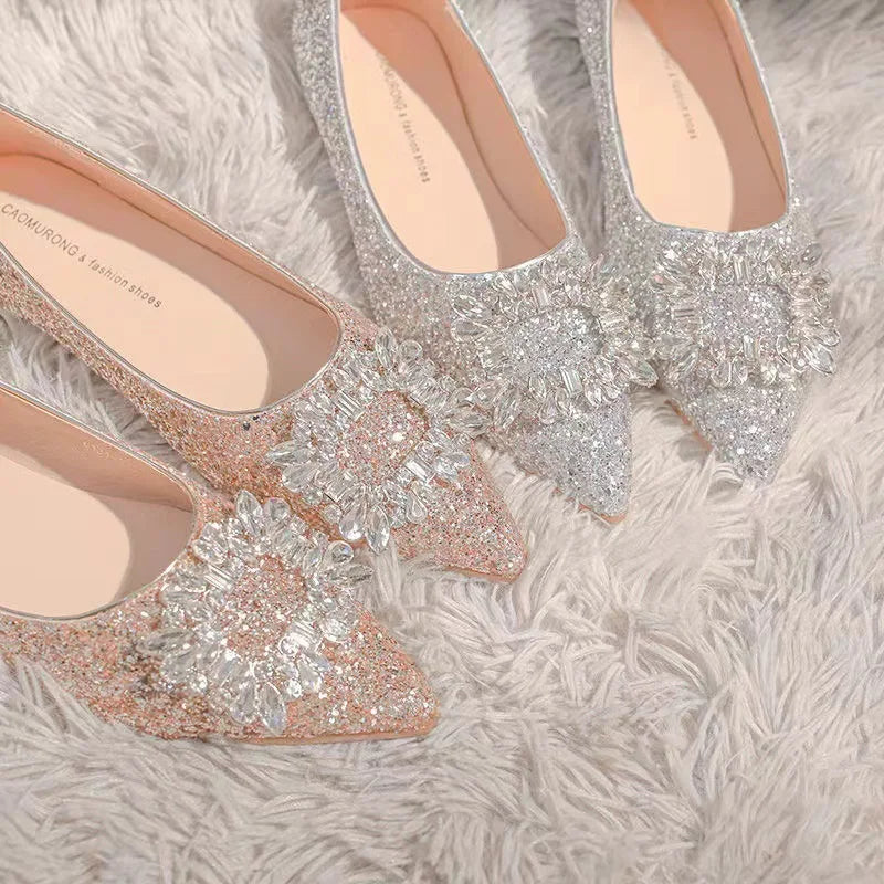 Comemore Champagne Color Flat Shoes Female Pointed Autumn Summer New Silver Low Heel Rhinestone Wedding Bridal Shoe Pumps