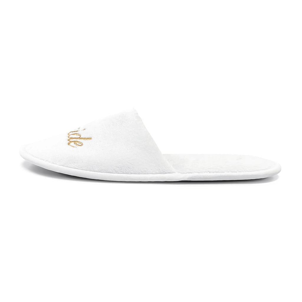 Bridal Party Slippers Set, Close-toe With Golden & Pink Embroidery, Lightweight Plush Cozy Flats, Non-slip Soft Sole For Bride