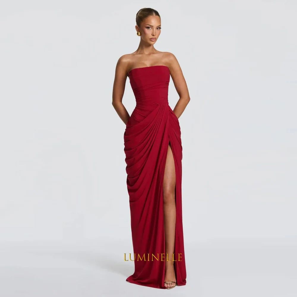 Strapless Ruched Chiffon Evening Dress with Slit