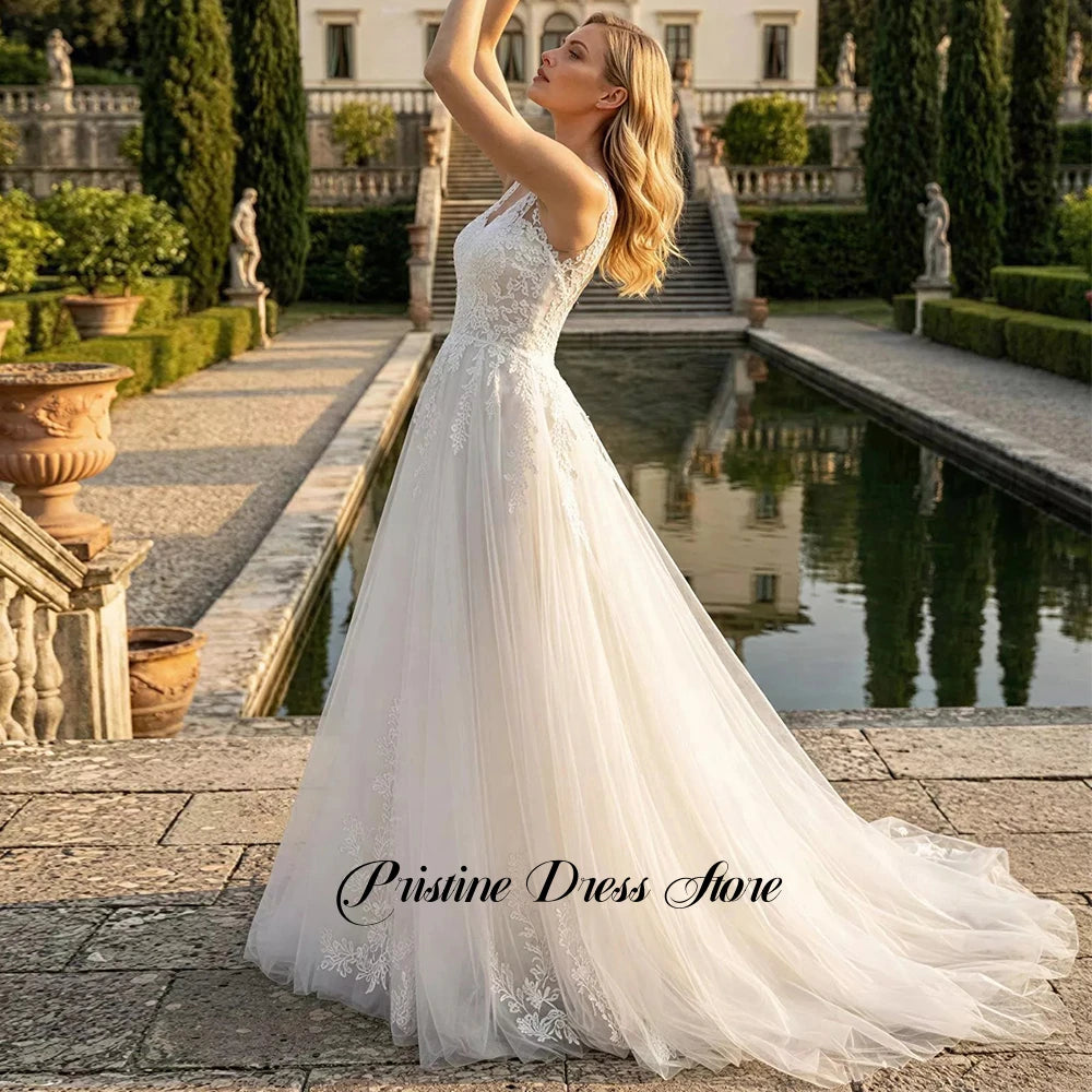 Modern A-Line Sleeveless Wedding Dress for Brides Customized Tulle Appliques V-Neck Lace Up Back Bridal Gowns Vestido De Novia