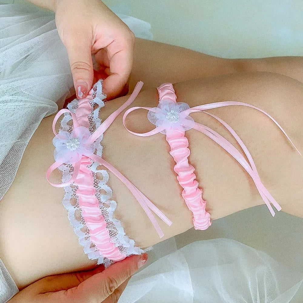 Wedding Garter with Flower and Pearls Satin Sash Bridal Accessories Cosplay Party Floral Elastic Leg Loop