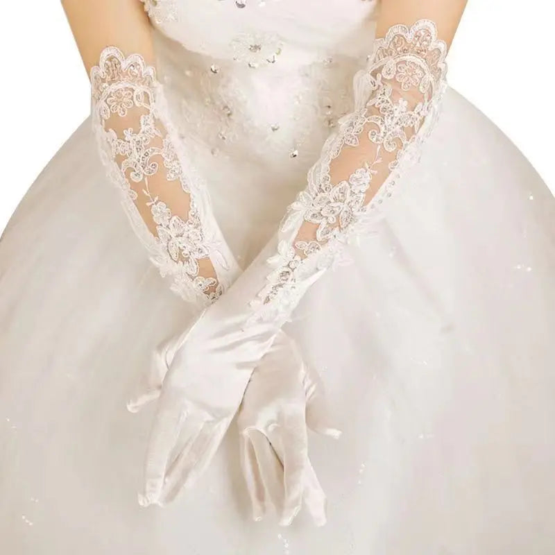 1Pair Women's Long Wedding Gloves Satin Lace and Embroidery Gloves Wedding Accessories Gloves Bridal Costume Accessories Set