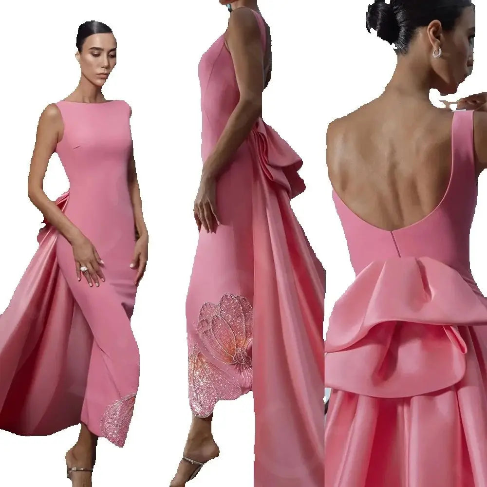 Customized Latest Pink Evening Dresses  Prom Gowns High Low with Train Beading Wedding Party Dresses Back Out Sleeveless