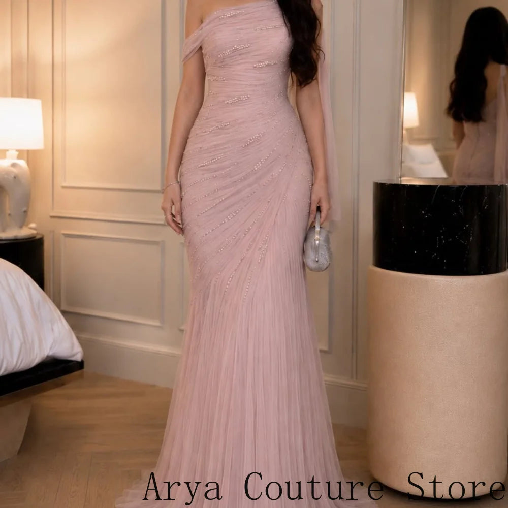 Elegant Blush Pink Mother Of Bride Formal Dress One Shoulder Sheer Tulle Strap Diagonal Ruched Bodice Scattered Rhinestone