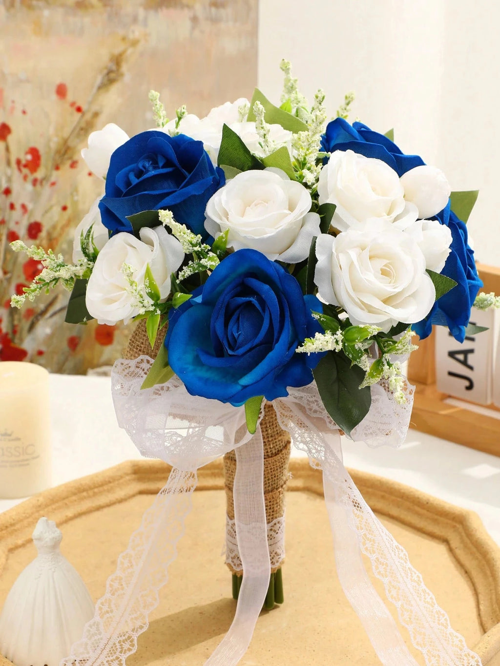 Wedding Bouquets for Bride Bridesmaid,White Blue Burgundy Artificial Roses Flowers for Wedding Church Marriage Decoration