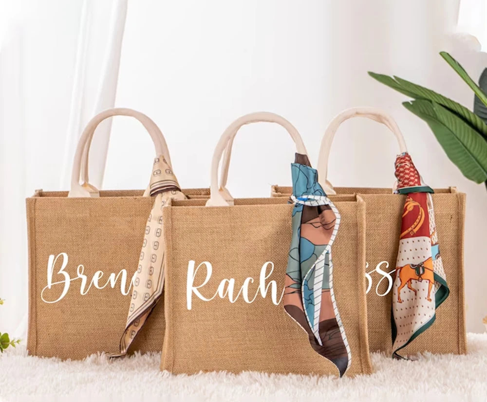 Personalized Bridesmaid Jute Tote Bags with Scarf Party Retro Beach Bag Bachelorette Gifts Girlfriend Gift for Her